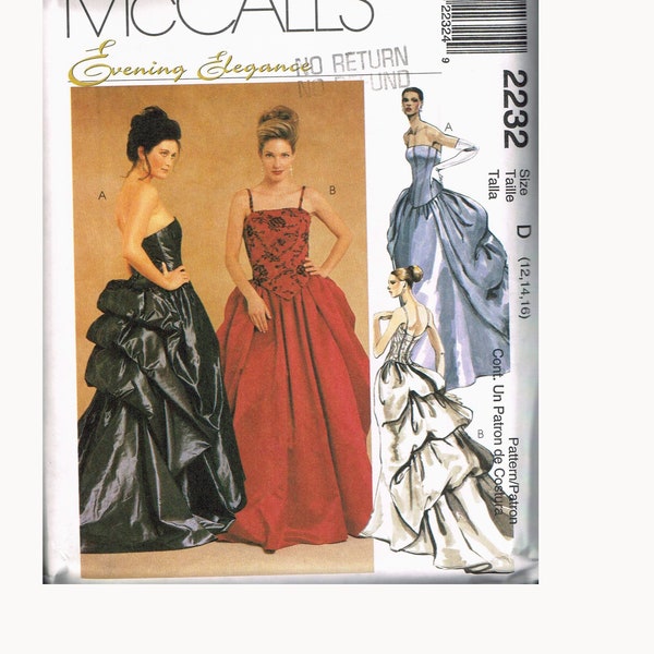 Size 12-16 Misses' Formal Strapless Full Skirt Bustier Dress With Bustle Sewing Pattern - McCalls 2232