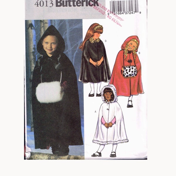 Size 2-5 Girls Easy Button Front Long Cape With Hood Sewing Pattern - Butterick 4013