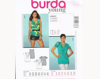 Size 8-20 Misses' Easy Drape Neck T Shirt Or Tunic Top Sewing Pattern - Burda 7386