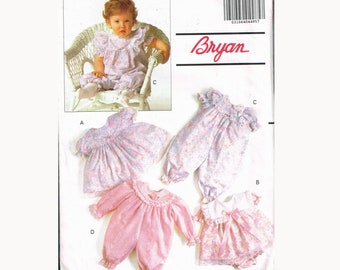Size NB-MD Round Yoke Puff Sleeve Baby Dress With Bloomer Panties or Jumpsuit Sewing Pattern - Butterick 5001