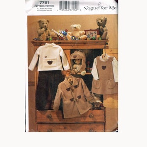 May include: A sewing pattern for children's clothing, featuring a brown teddy bear motif. The pattern includes a sweater, pants, a coat, a dress, and a hat. The pattern is from Vogue for Me and has the number 7791.