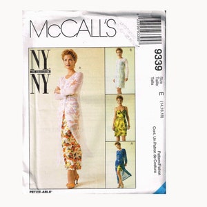 May include: A sewing pattern for a dress with a long, sheer overlay. The pattern is for sizes 14, 16, and 18. The pattern is from McCall's and is part of the NY Collection.