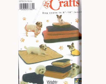 May include: Simplicity Crafts sewing pattern for dog coats and beds. The pattern includes instructions for making coats in sizes 8 to 18 inches and beds in various sizes. The pattern is illustrated with photos of dogs wearing the coats and using the beds.