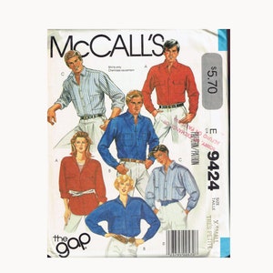 May include: A sewing pattern for shirts from McCall's, pattern number 9424, size X-Small Petite. The pattern includes instructions for making five different shirts, including a blue striped shirt, a red shirt, a blue shirt, and two more blue shirts with different collar styles. The pattern is for shirts only, not for trousers or other garments. The pattern is from The Gap.