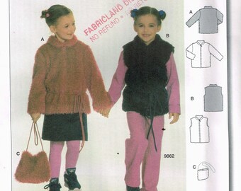 Size 2-6 Girl's Easy Faux Fur Jacket & Vest With Purse Sewing Pattern - Burda 9868