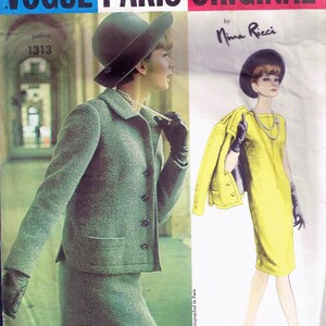 May include: A vintage Vogue Paris Original sewing pattern by Nina Ricci, featuring a green jacket and skirt suit and a yellow dress. The pattern number is 1313.