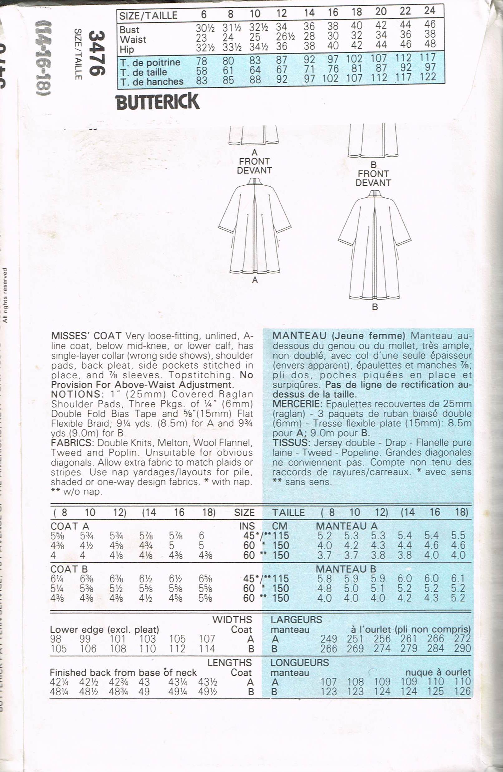 Size 14-18 Misses' Vintage A Line Swing Coat Coat Sewing Pattern ...