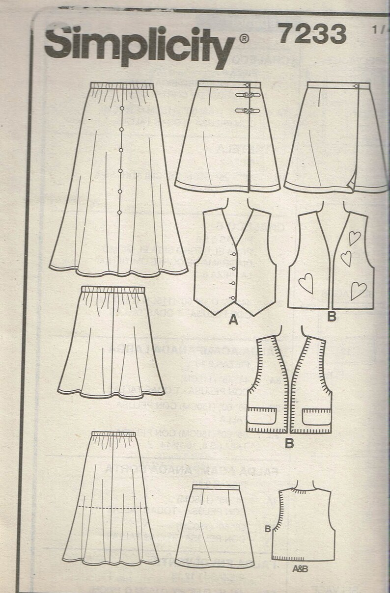 Size 7-10 Girl/'s Knee Length Wrap Skirt Or Pull On Flared Skirt With Vest Sewing Pattern Simplicity 7233