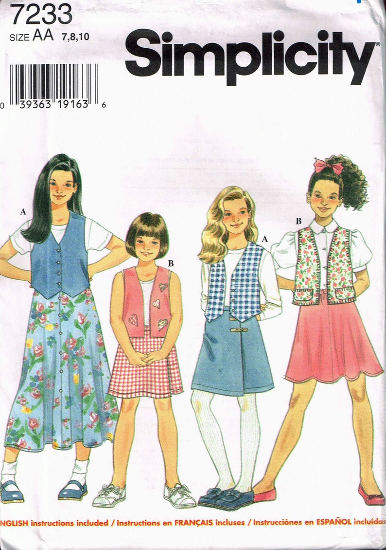Size 7-10 Girl/'s Knee Length Wrap Skirt Or Pull On Flared Skirt With Vest Sewing Pattern Simplicity 7233