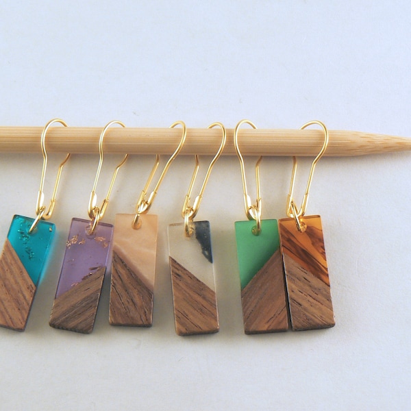 Rectangle Wood & Resin Charm Stitch Markers For Knitting Or Crochet