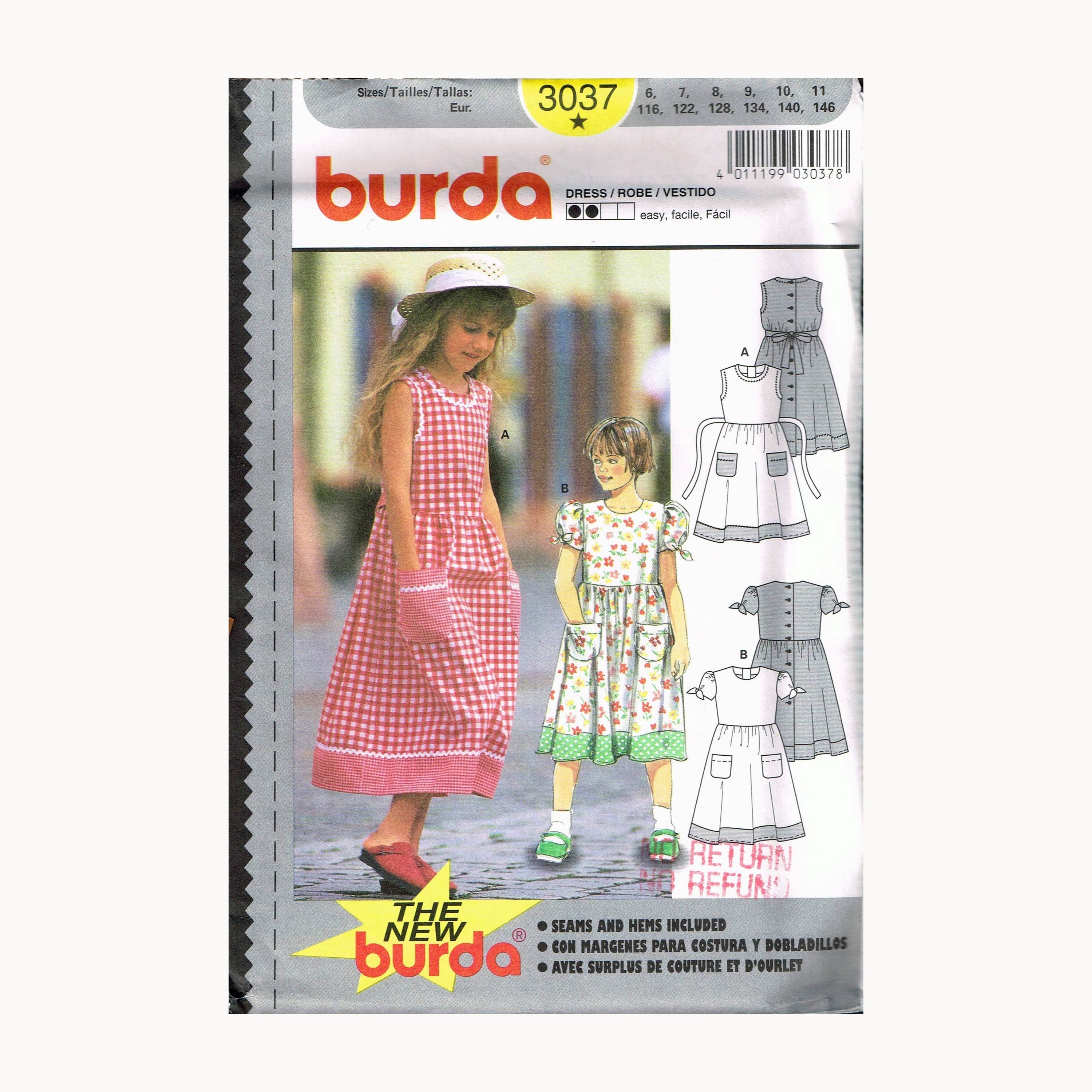 Size 6-11 Girls Easy Sleeveless Tie Back Loose Fit Dress With Pockets Sewing Pattern - Burda 3037