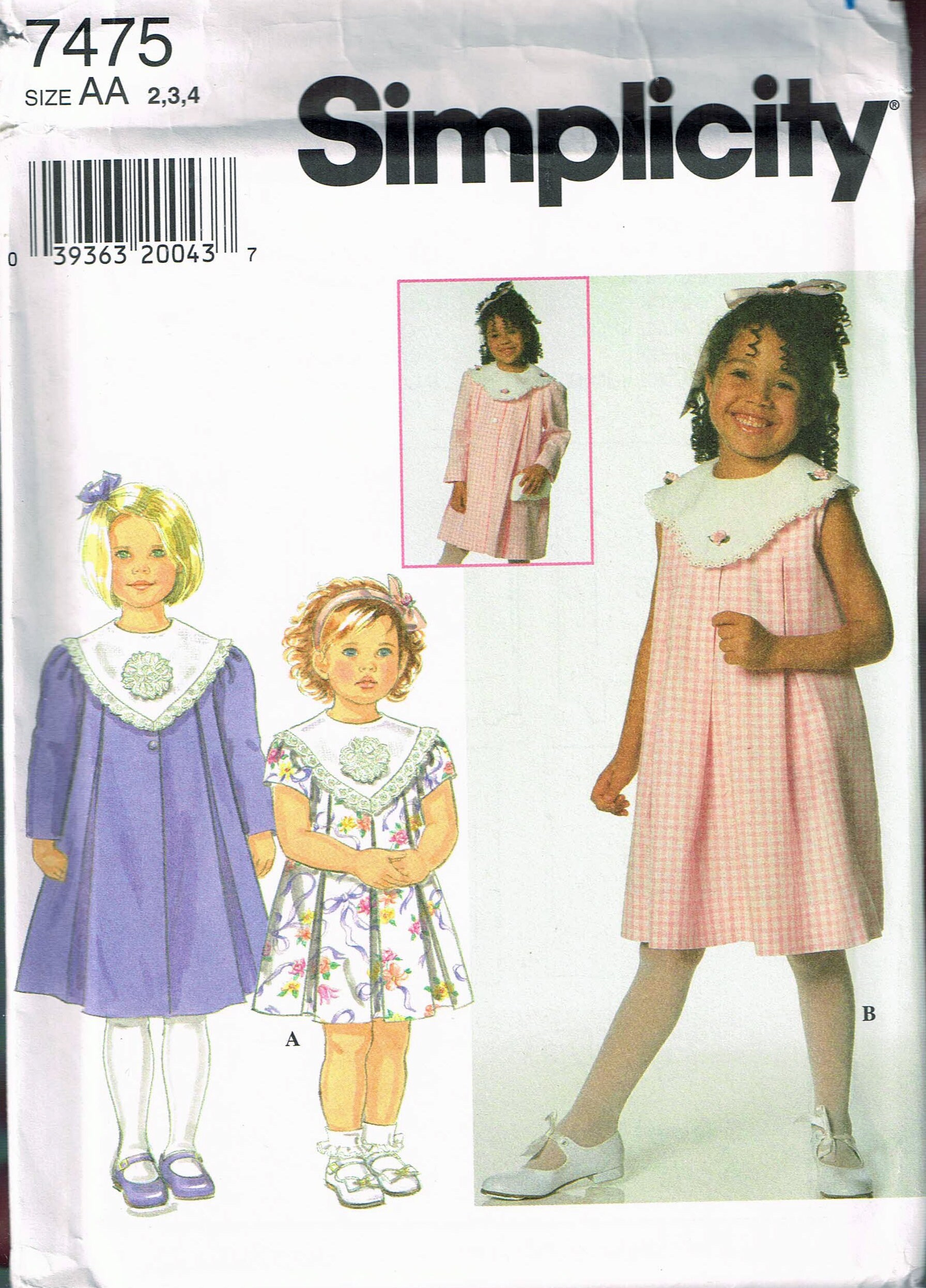 Size 2 4 Girls Dress Sewing Pattern Wide Lace Collar Dress Knee Length Swing Dress Inverted Pleat Dress Simplicity 7475