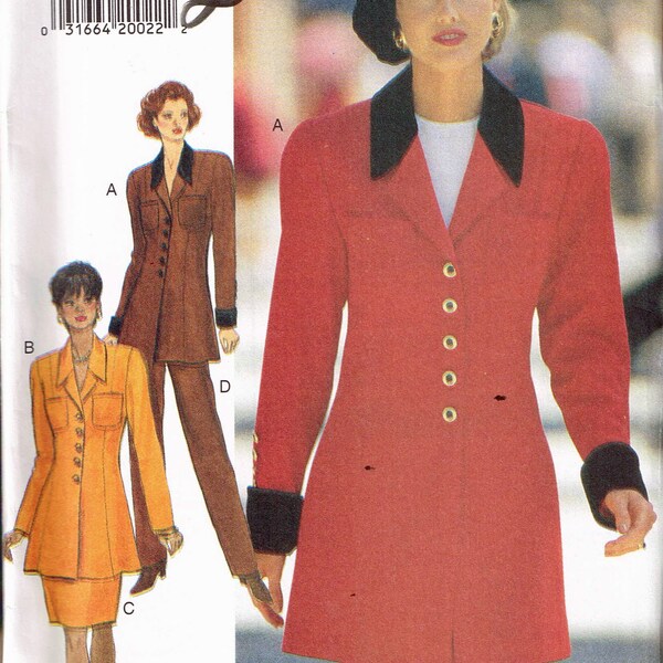 Size 12-16 Misses' Notch Collar Tunic Length Princess Seam A Line Jacket With High Waist Skirt Or Pants Sewing Pattern - Butterick 3631