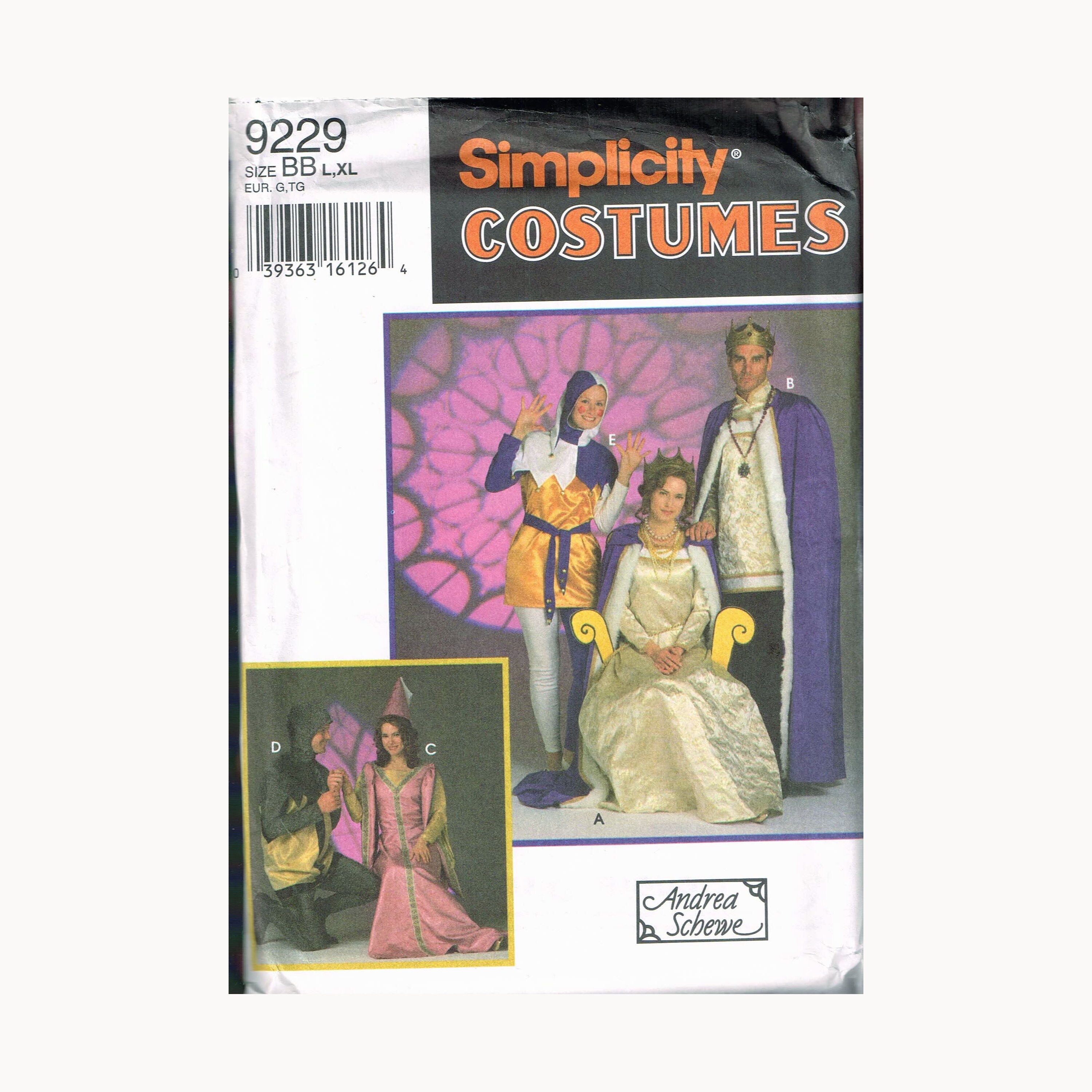 Size LG-XL Adult Halloween Costume Pattern - Jester Costume Pattern - King Costume Pattern - Queen Costume Pattern - Simplicity 9229