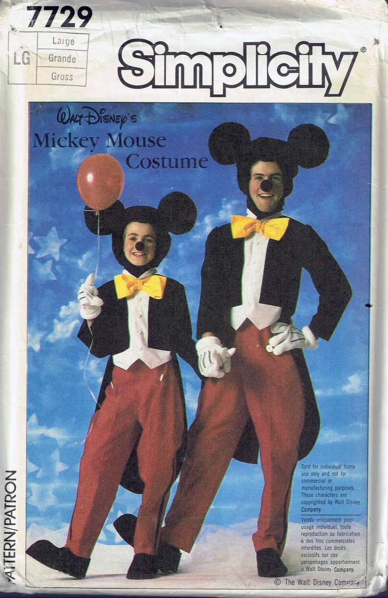 Download Size Lrg Adult Vintage Disney Mickey Mouse Mascot Costume Sewing Pattern Simplicity 7729 Sewing Fiber Craft Supplies Tools Kromasol Com