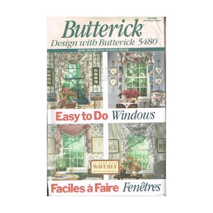 May include: A Butterick 5480 sewing pattern envelope for window treatments. The front features four distinct window designs with floral and striped fabrics, labeled with the text Easy to Do Windows and At Home With Waverly Easy to Do Patterns.