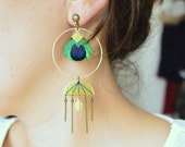 Creole earrings DJORION heart of feathers of peacock and half moons