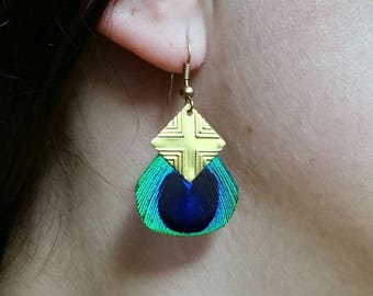 Earrings feather of peacock and squared in motive