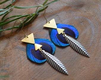 Peacock feather earrings with silver counterpart