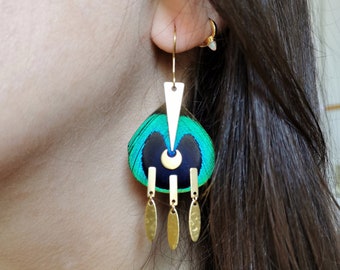 Peacock Feather and Moon Earrings "Celestial Collection"