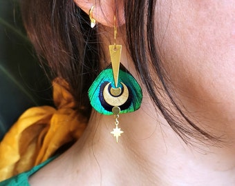 Peacock feather, star and moon earrings "Celestial Collection"