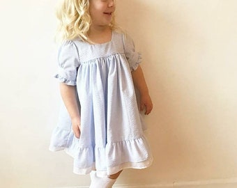 Klar att skickas rosa/blå seersucker påskklänning, påskklänning, seersuckerklänning, klänning i vintagestil, boutiqueklänning, vårklänning,