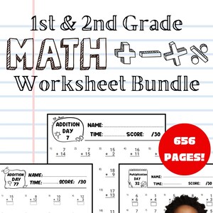 1st 2nd Grade Math Worksheets Bundle | Addition Subtraction Multiplication Printable | Single Double Digit Practice & Activities PDF 656 PGS