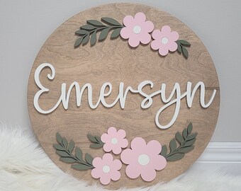 Floral Nursery Name Sign | Round Wood Floral Sign | Baby Name Sign | New Baby Gift