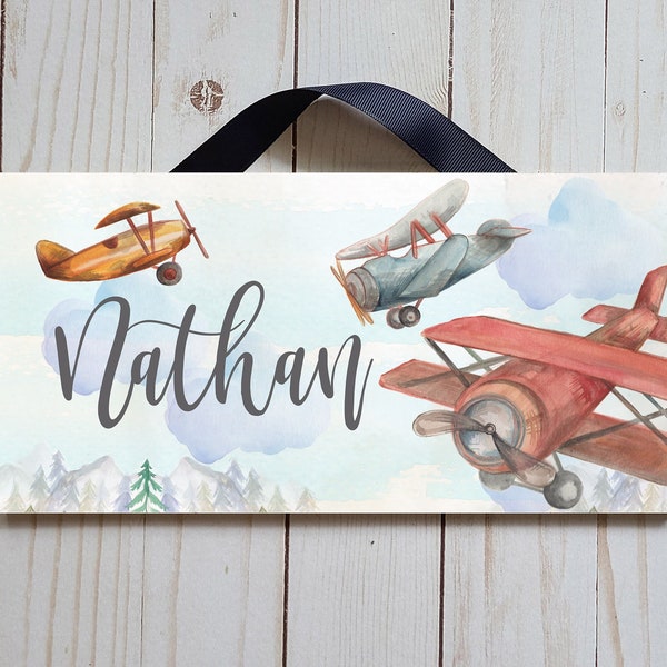 Personalized Watercolor Airplane Name Sign, Travel Theme Decor