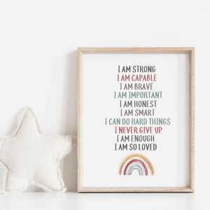 Positive Affirmations Print, affirmations wall art for kids, neutral toned rainbow affirmations