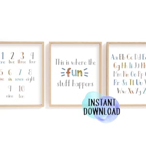 Printable Earth Toned Playroom Prints/This is where the fun Stuff Happens/ Alphabet and Numbers