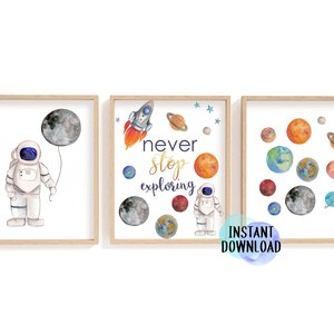 Digital Download Space Print Set/ Astronaut, Rocket and Planets/ Printable Playroom Art