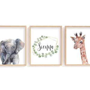 Personalized Watercolour Safari Animals/ Elephant and Giraffe Nursery Prints