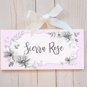Soft pink and Gray Floral Name Sign/ Bedroom Door Sign/ nursery name sign