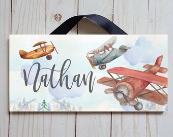 Personalized Watercolor Airplane Name Sign, Travel Theme Decor