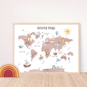 Impression de carte du monde animal | Carte du monde de la pépinière | Impressions éducatives pour enfants