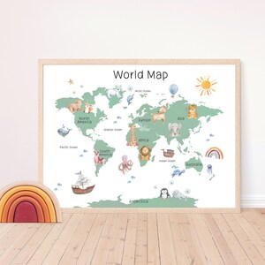 Impression de carte du monde animal | Carte du monde de la pépinière | Impression salle de jeux, chambre d'enfant, salle de classe