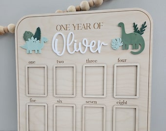 Dino Themed First Birthday Board | First Birthday Photo Frame | Dinosaur Birthday Decor | One Year Of Photo Frame | Monthly Photo Frame