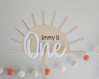 Boho Sunshine Cake Topper | Personalized Child&#39;s Cake Topper | Wood and Acrylic Sun Cake Topper