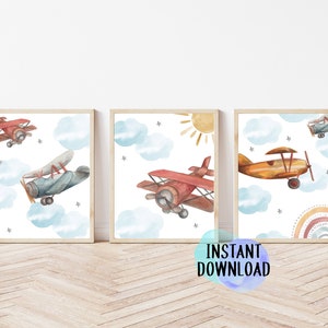 Printable Vintage Airplane Nursery Art | Nursery and Playroom Prints | Digital Download Plane Prints