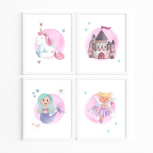 Girl Print Set | Girls Bedroom Prints | Fairy, Unicorn, Castle and Mermaid Prints