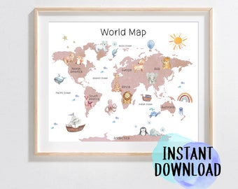 Animal World Map Print | Watercolor Educational Art (Digital Download)