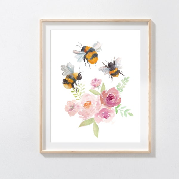 Bumblebees and Flowers Print/ watercolour floral print