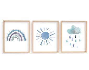 Printable Nursery Art/ Blue Rainbow, sunshine and Rain Cloud