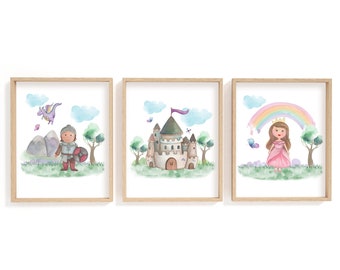 May include: Three framed watercolor prints with a fairytale theme. The first features a knight with a shield and a purple dragon. The second shows a castle with a purple flag. The third depicts a princess under a rainbow.
