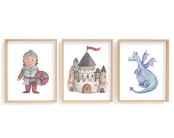 May include: Three framed watercolor prints featuring a knight, a castle, and a dragon. The knight wears armor and holds a shield. The castle has a red flag. The dragon is blue and purple. The frames are light brown.