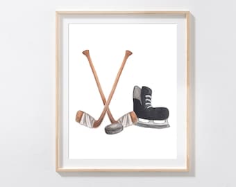 Watercolour Hockey Print/ hockey sticks, skates and puck