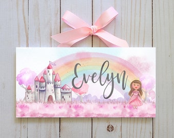 Princess Name Sign with Castle and Rainbow | Child's Bedroom Door Sign