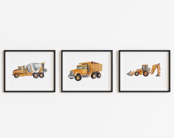 Watercolour construction truck prints/ set of 3 truck prints for nursery or child's room