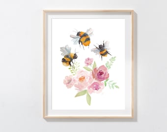 Bumblebees and Flowers Print/ watercolour floral print